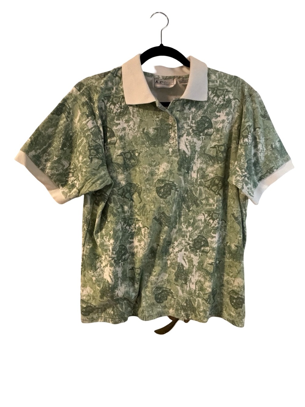 Green VTG Safari Preppy Retro Patterned Grandpacore Polo Shirt Cream XLarge